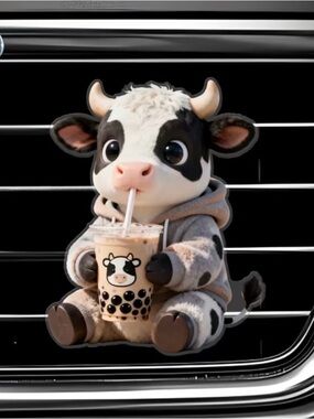 Swag Shak Cute gray and white cow plush-style figurine holding a bubble tea cup